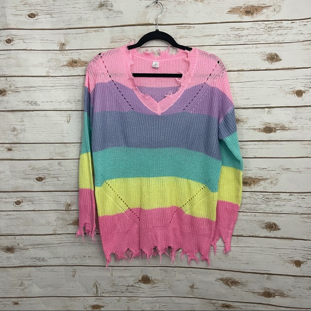 CY Fashion Bright Color Blocked Raw Edged Long Sleeve Sweater